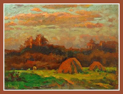 14030 Pink haystacks (oil on canvas, 18"x24", 1984 Russian Art Exhibition 